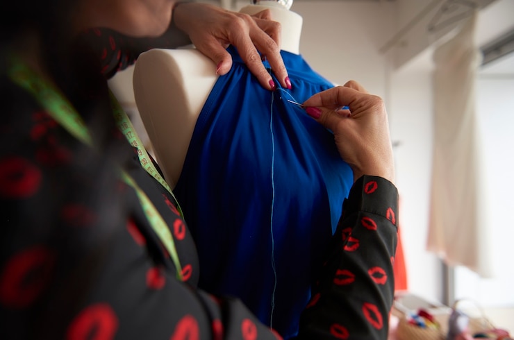 Photo gratuit tailleur cousant un costume bleu