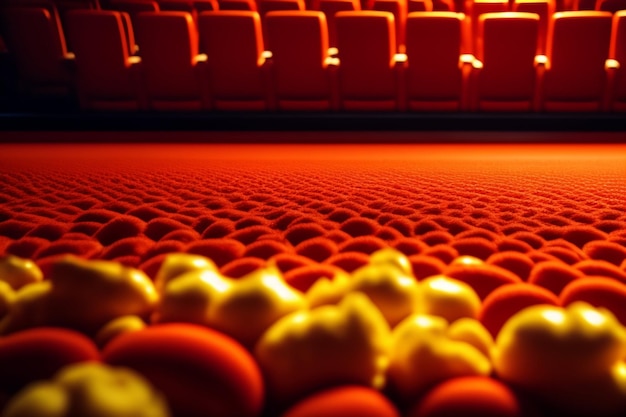 Photo gratuite un tapis rouge avec des pommes jaunes dessus et une chaise rouge en arrière-plan.