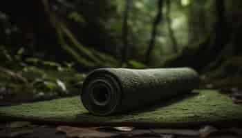 Photo gratuite un tapis de yoga enroulé dans la forêt avec les mots yoga dessus.