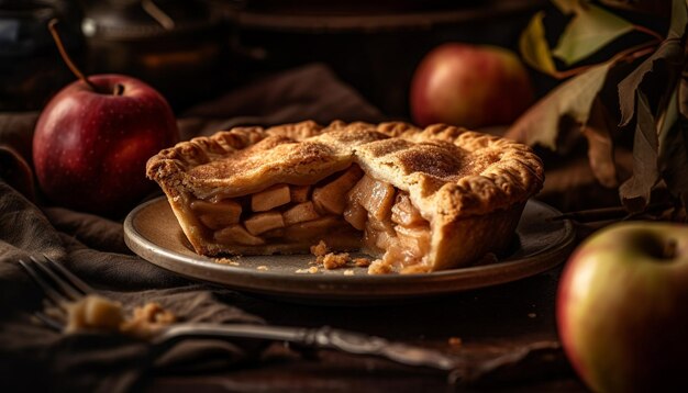 Tarte aux pommes fraîchement cuite sur une table en bois rustique générée par l'IA