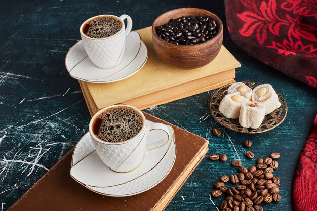Une tasse de café avec du lokum et du chocolat.