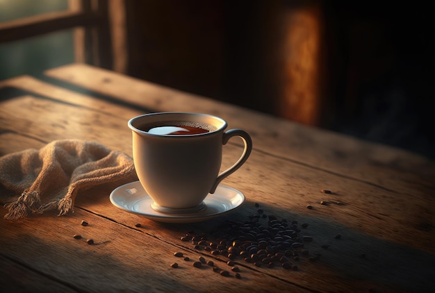 Une tasse de café est posée sur une table avec une écharpe qui dit "café"
