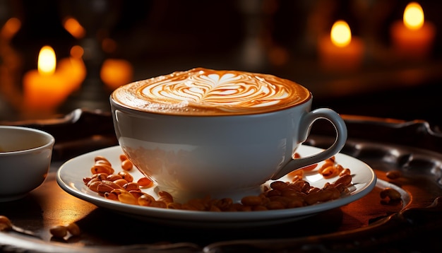 Tasse de café fraîche sur table, boisson mousseuse avec chocolat généré par l'intelligence artificielle