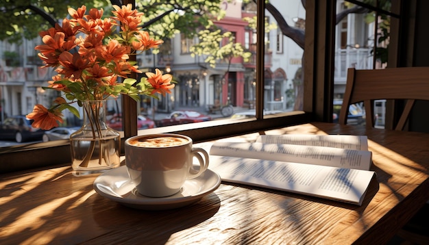 Photo gratuite une tasse de café sur une table en bois dans un café générée par l'intelligence artificielle