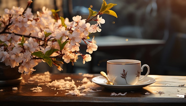 Photo gratuite tasse à café sur table en bois avec des fleurs fraîches dans un vase généré par l'intelligence artificielle