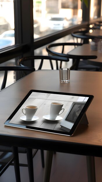 Photo gratuite une tasse de café et une tablette numérique dans un café photo de stock