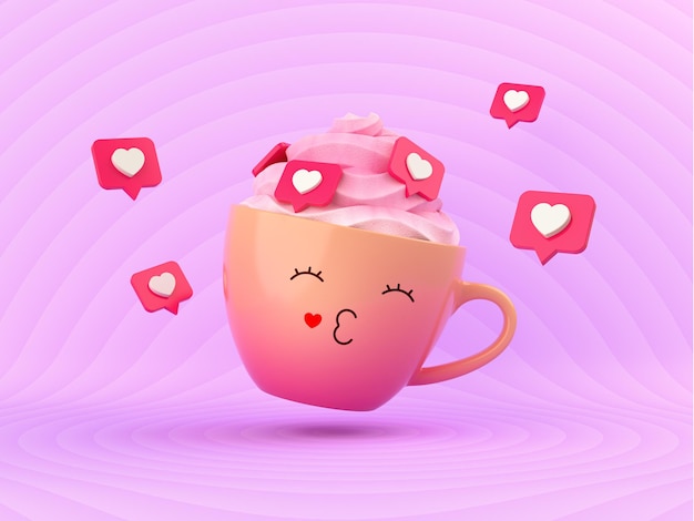 Tasse pastel avec crème fouettée ou café au lait avec des coeurs rouges volants illustration 3d rendu