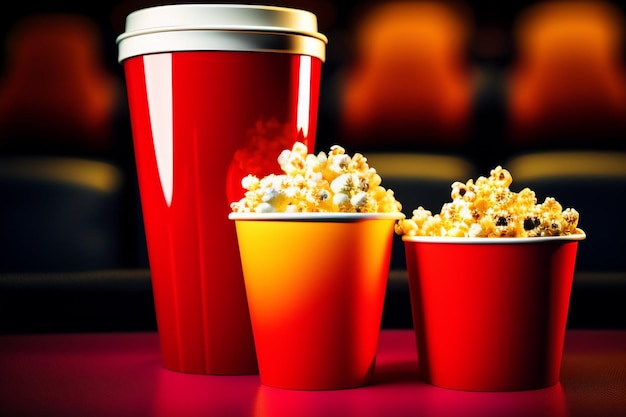 Une tasse de pop-corn rouge est posée sur une table violette avec une tasse de pop-corn rouge devant.