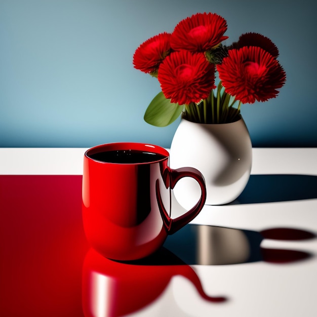 Une tasse rouge avec un bouquet de fleurs à côté d'un vase avec une fleur rouge dedans.