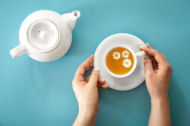 Photo gratuite une tasse de thé à la camomille et une théière sur fond bleu plat minimalisme