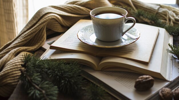Tasse de thé sur des livres près de l&#39;écharpe