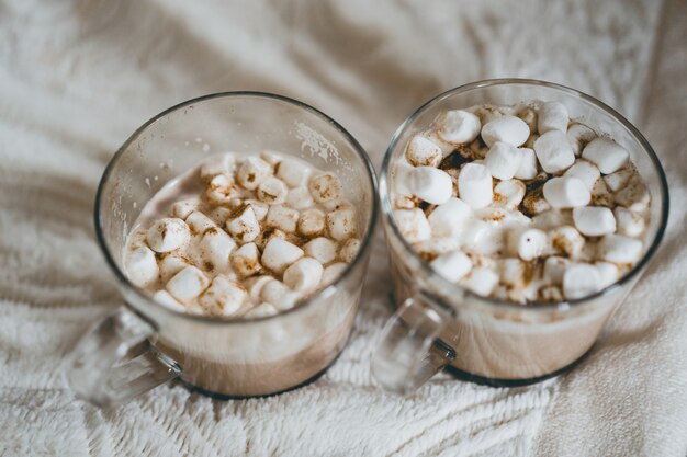 tasses de cacao avec des guimauves près de la cheminée.