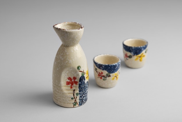 Photo gratuite tasses japonaises et bouteille sur fond blanc