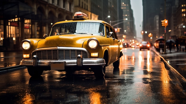 Taxi jaune dans les rues de New York la nuit