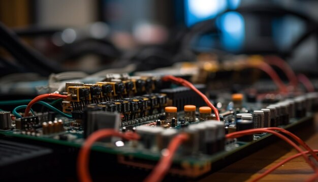 Technicien réparant la carte de circuit imprimé avec un outil multimètre généré par l'IA