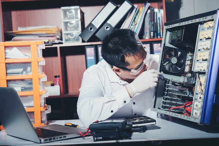 Photo gratuit le technicien réparant l&#39;ordinateur, le matériel informatique, la réparation, la mise à niveau et la technologie