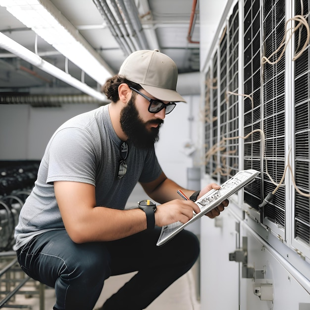 Photo gratuite technicien travaillant dans une salle de serveur il écrit sur un clipboard