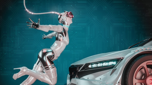 Technologie automobile.robot filles et voitures à l'avenir. rendu et illustration 3d.