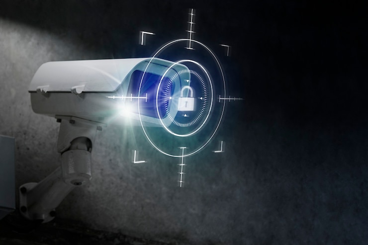 Photo gratuit technologie de sécurité cctv avec remix numérique de l'icône de verrouillage