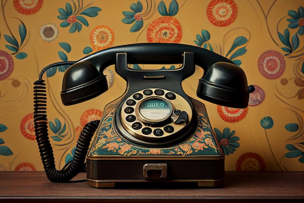 Téléphone à cadran antique sur table en bois décor nostalgie IA générative