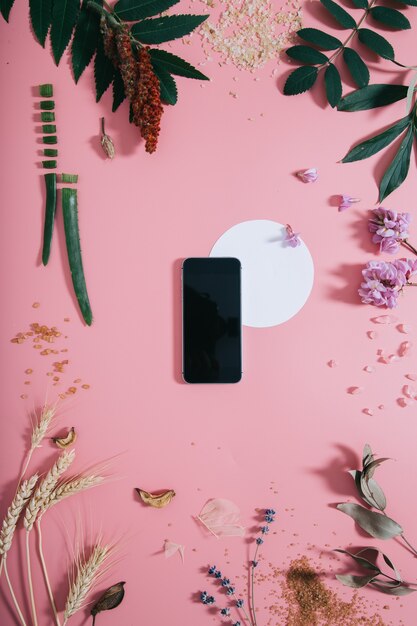 Téléphone avec un écran clair et forme de cercle blanc en fleurs sur un mur rose. Mise à plat. Vue de dessus