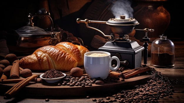 Photo gratuite le temps du café avec des croissants et un broyeur à main