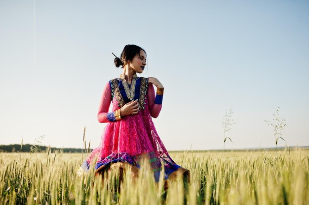 Tendre fille indienne en sari avec des lèvres violettes maquillage posé sur le terrain au coucher du soleil