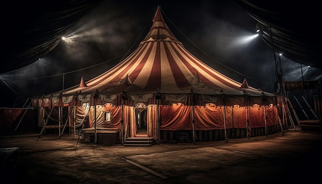 Une tente colorée illumine une joyeuse fête de festival de musique en plein air générée par l'IA