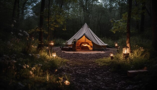Une tente à dôme lumineux illumine la nuit paisible de la forêt générée par l'IA
