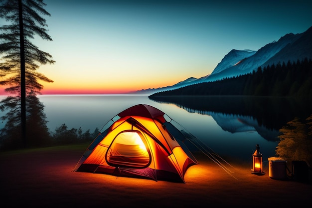 Une tente est installée sur la rive d'un lac avec un lac et des montagnes en arrière-plan.