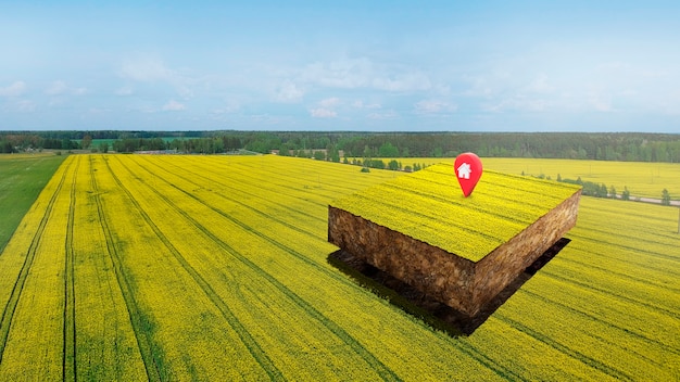 Terrain avec paysage naturel et broche de localisation