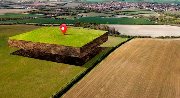 Terrain avec paysage naturel et broche de localisation