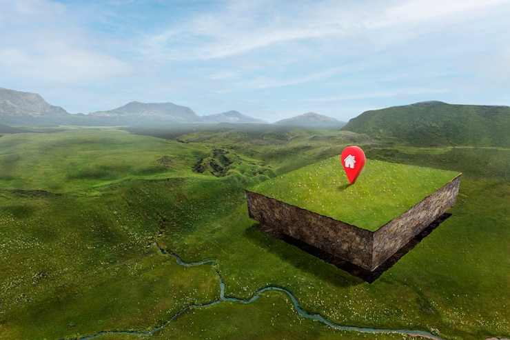 Photo gratuit terrain avec paysage naturel et broche de localisation