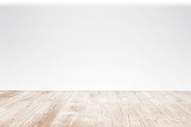 Terrasse en bois vide avec fond blanc. Vue rapprochée avec mise au point sélective.