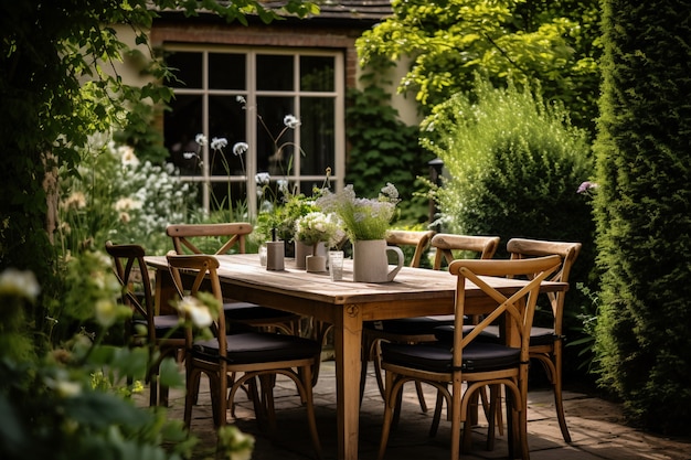 Terrasse rustique avec mobilier de jardin et végétation