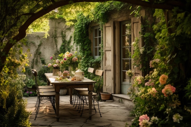 Photo gratuite terrasse rustique avec mobilier de jardin et végétation