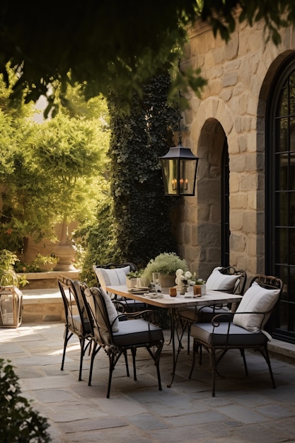 Terrasse rustique avec mobilier de jardin et végétation