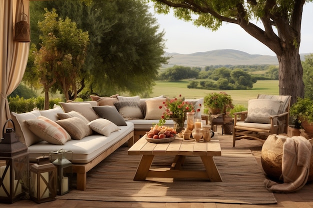 Terrasse rustique avec mobilier de jardin et végétation