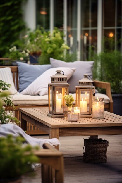 Terrasse rustique avec mobilier de jardin et végétation