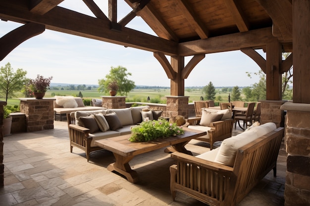 Terrasse rustique avec mobilier de jardin et végétation