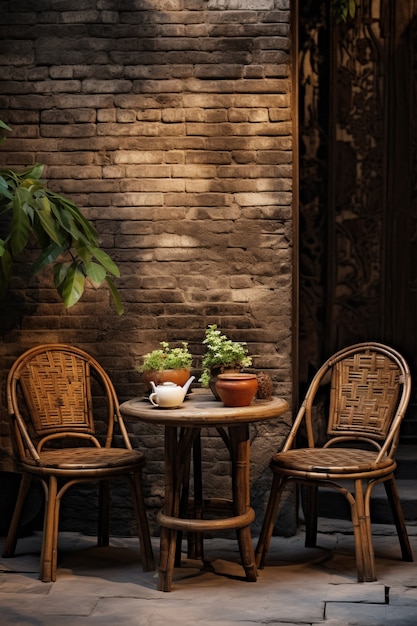 Terrasse rustique avec mobilier de jardin et végétation