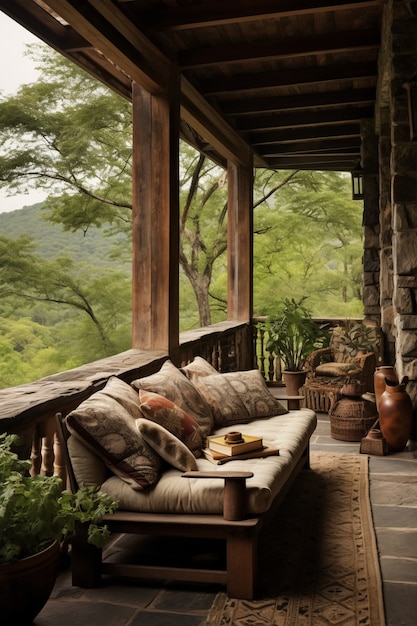 Photo gratuite terrasse rustique avec mobilier de jardin et végétation