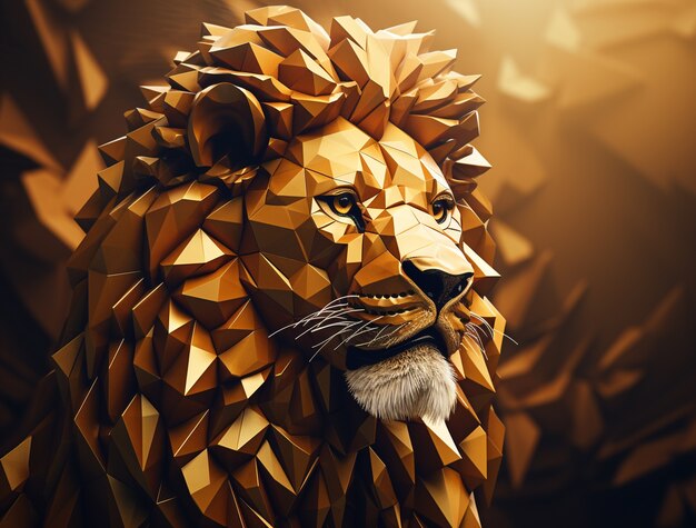 Tête de lion dorée 3D au look cool avec une longue crinière