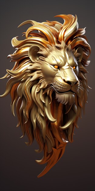 Tête de lion dorée 3D au look cool avec une longue crinière