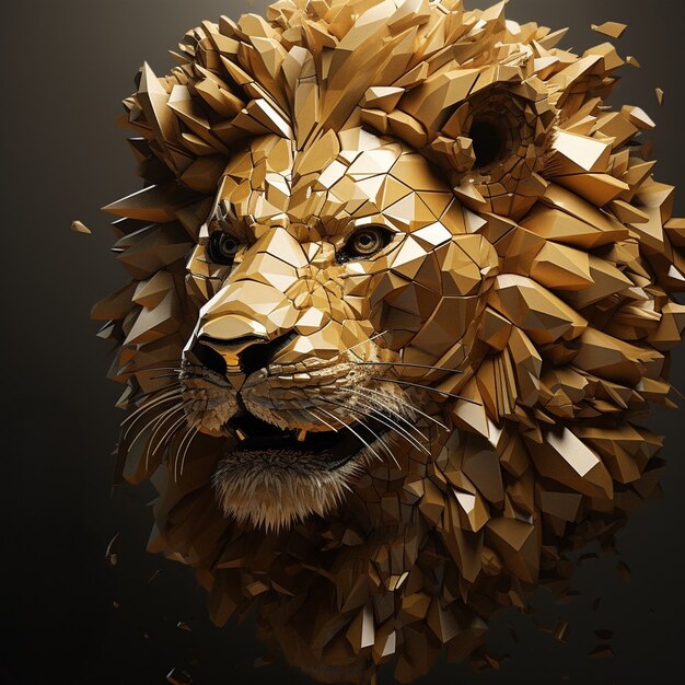 Tête de lion dorée 3D au look cool avec une longue crinière