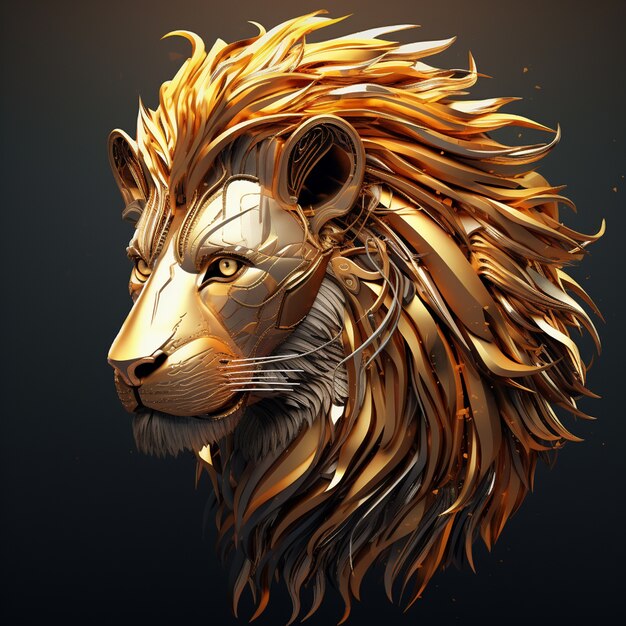 Tête de lion dorée 3D au look cool avec une longue crinière