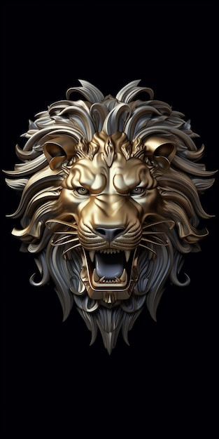 Tête de lion dorée 3D au look cool avec une longue crinière
