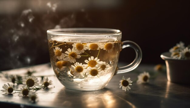 Thé à la camomille frais dans un verre rustique généré par l'IA