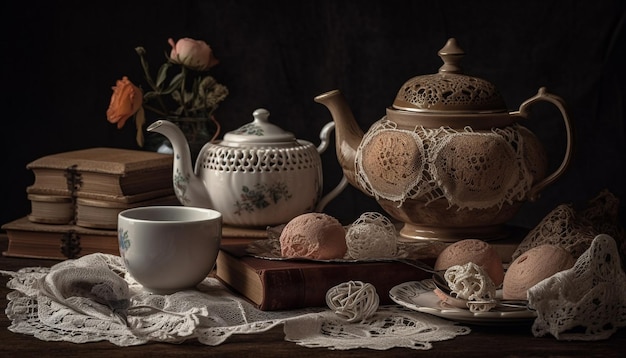 Photo gratuite thé chaud dans une théière antique sur une table en bois généré par l'ia