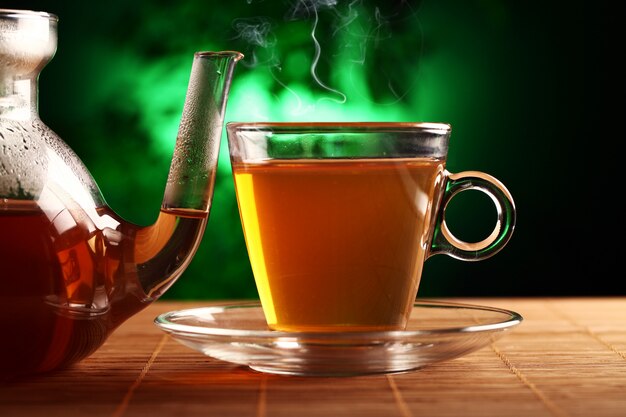 Thé vert chaud dans une théière et une tasse en verre